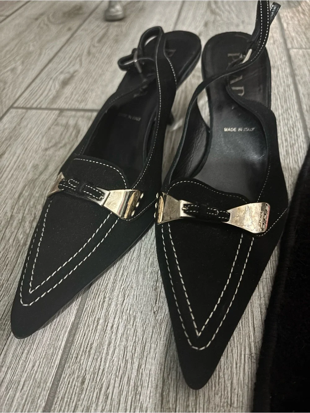 Vintage Prada Black Slingback Kitten Heels Contrast Stitch IT 38 - Picture 1 of 14